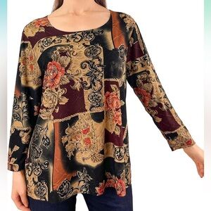 Brittany Black Woman Stretch Tunic Black Brown Red Metallic Gold Scoop Neck  3X